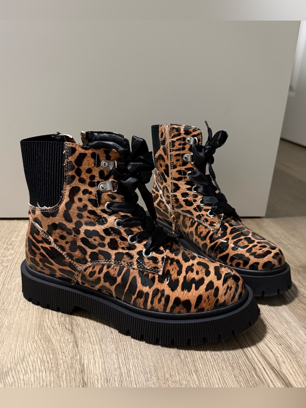 Leopard Print Lace-Up Combat Boots